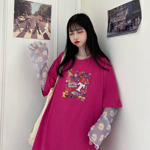 퍼플 t 셔츠 여성용  년 신상 한국어 폭 느슨하게 bf 미디 플레어 슬림핏 상의 대형 빅 사이즈 반소매 티셔츠 ins 패션 트렌드