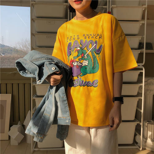  이른 봄 신상 신형 신모델 홍콩 스타일 루즈핏 bf 하라주쿠 ulzzang 라운드 넥 반팔 티셔츠 T셔츠 여성용 HALF 소매 상단 학생용 패션 트렌드