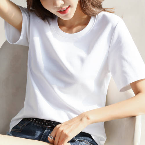  신상 신형 신모델 라운드 넥 화이트 반팔 t 셔츠 여성용 루즈핏 여름옷 캐주얼 단색 반소매 한국풍 상의 코튼 바디 셔츠
