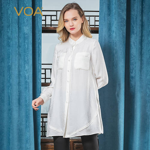 VOA 실크 원래 흰색 자카드 패턴 반폴라 하프넥 스트레이트 핏 루즈핏 싱글 브레스트 패치 스트레이트 백 옆 트임 롱 소매 셔츠