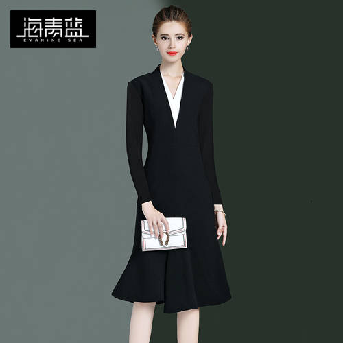 Haiqing 블루 브이넥 V넥 블랙 컬러 드레스 여성용  봄철 신상 신형 신모델 분위기 셀럽느낌 불규칙 a 라인 스커트 52388
