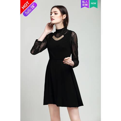 나이 신 주문제작 125695 이른 봄 여성용 디자인 흑조 컬러 레이스 새로운 스커트 제품 반폴라 하프넥 블랙 컬러 드레스