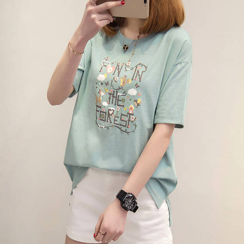 청순 써머 여름용 상의 여성용 신상 한국 스타일  루즈핏 프린팅 반팔 티셔츠 T셔츠 여성용 반소매 한국어 chic 티셔츠