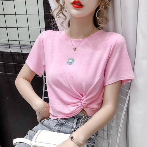 데이지 반팔  년 신상 여성 여름 슬림핏 슬림핏 올매치 코디하기 쉬운 계획 꼬임 글리터 t 셔츠 의류 조수