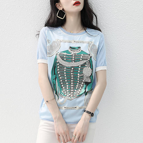 프린팅 짧은 소매 상단 시폰  여름 신상 유럽 상품 레트로 조합 라운드 넥 루즈핏 슬림 편물 티셔츠 T셔츠 여성용