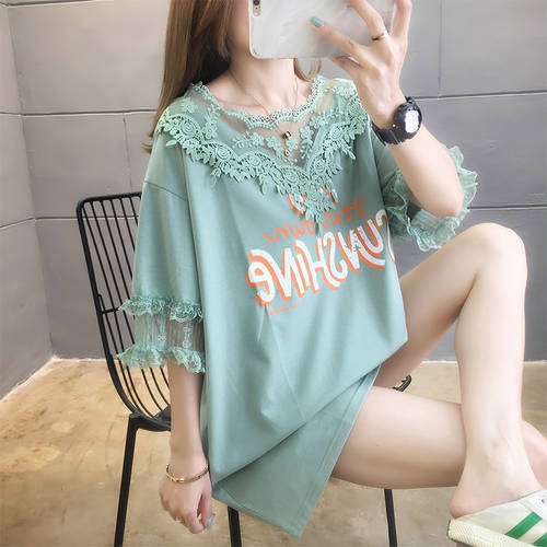 미디 플레어 루즈핏 t 셔츠 여성용 여름용 레이스 SUPERB 상의 반팔  년 신상 여성 의류 티셔츠 치마