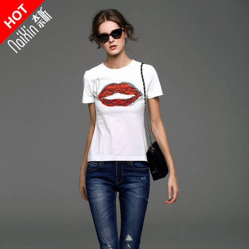나이 신 주문제작 6133 유럽풍 서양식 패션 유행 브랜드 반팔 붉은 입술 프린팅 자수 단색 슬림핏 티셔츠 T셔츠 천