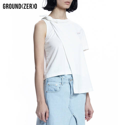 GROUND ZERO 비대칭 싱글 넥타이 민소매 T Xia Xia 시즌 유럽풍 서양식 순면 티셔츠 셔츠 주름