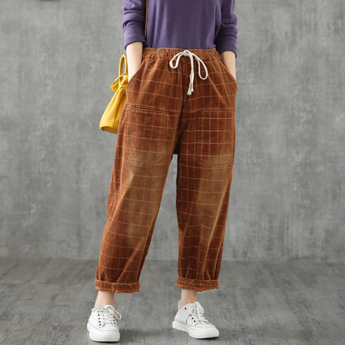 DZA 레트로 체크무늬 코듀로이 바지 여성 루즈핏 스트레이트 핏 가을 바지 동신 제품 상품 올매치 코디하기 쉬운 슬림핏 평상복 Lun 긴바지 롱 팬츠