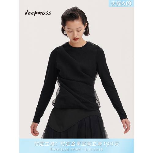 【618 예약 판매 】deepmoss 블랙 순사 싸움 베일 상의 긴 소매 긴팔 라운드 넥 티셔츠 T셔츠 여성 프라이머 천