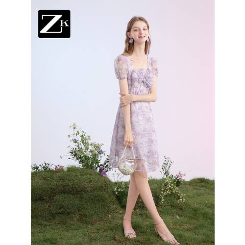퍼플 꽃무늬 레이스 원피스 여성용 프렌치 광장 칼라 버블 소매 망사 a 라인 스커트  써머 여름용 신상 신형 신모델