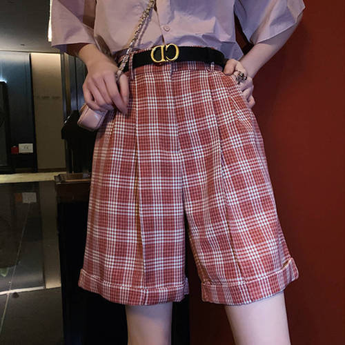 레트로 레드 체크무늬 5부 바지 여성 여름 홍콩 스타일 하이웨이스트 루즈핏 직진 넓은 다리 캐주얼 바지 올매치 코디하기 쉬운 반바지 숏팬츠 패션 트렌드