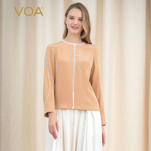 VOA40 모미 두꺼운 실크 카멜색 원형 칼라 셔츠 소매 컬러매칭 조합 라인 장식 인테리어 편안한 캐주얼 티셔츠 T셔츠 여성용