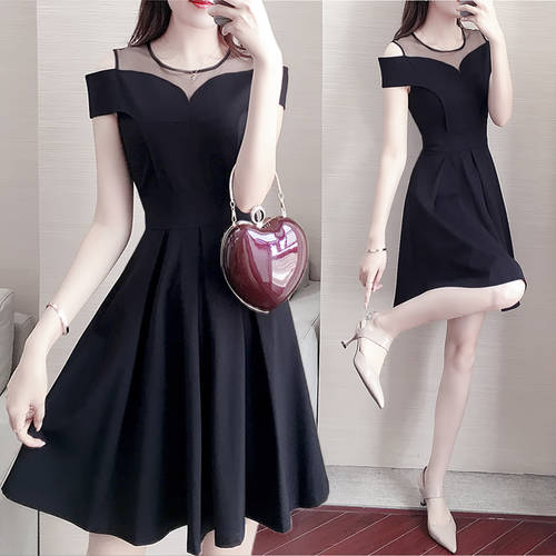 일자 칼라 어깨 블랙 컬러 드레스 햅번 스타일 계획 검정 미니 드레스 짧은 의복 짧은 치마 허리밴딩 슬림 분위기