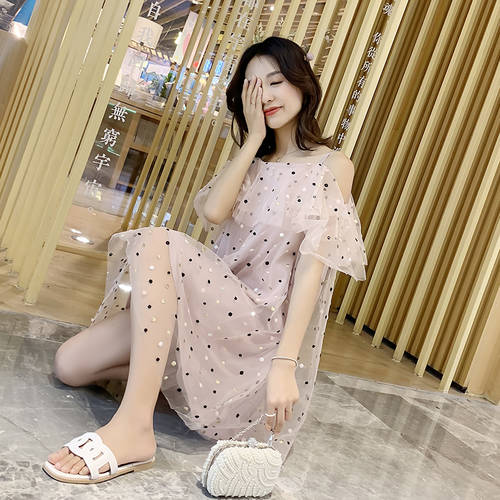 일자 칼라 숄더 도트무늬 자수 망사 원피스  신상 신형 신모델 Xia Xian 여성용 여신 허리밴딩 슬림 스위트