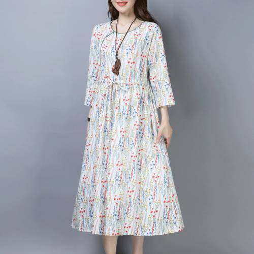 코튼 린넨 가을 드레스 시즌  년 신상 한국 스타일 캐주얼 분위기 허리밴딩 슬림 어머니 가을옷 젊어 보이는 롱 스커트