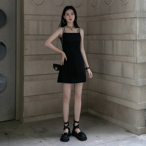 블랙 컬러 슬링 이너웨어 원피스 여성용 신상 신제품 일자 칼라 슬림핏 슬림핏 a 짧은 아무것도 소매 햅번 검정 미니 드레스