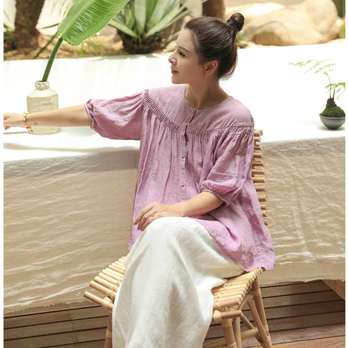 마린 오리지널 창작 아트 여성복  여름 신상 21 개 수입 린넨 원사 수 입을 준비 염색 원형 칼라 셔츠