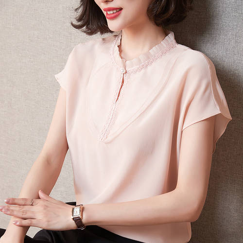 핑크색 크레프드신 실크 셔츠 여성용 100% 누에실 멀버리 실크  써머 여름용 라운드 넥 루즈핏 실크 반팔 상의 슬림핏