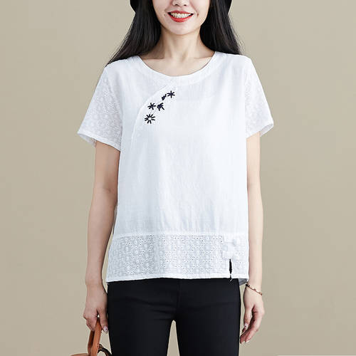 반팔 여성용  여름 신상 반소매 루즈핏 코튼 린넨 흰색 화이트 컬러 상의 슬림 슬림핏 민족풍 린넨 셔츠 티셔츠 T셔츠