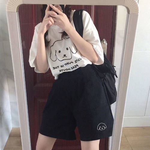 런닝 블랙 바지 캐주얼 반바지 여성 여름 와이드 루즈핏 얇은 상품 스포츠 반바지 일본풍 꼬마 작은 키 5부 바지