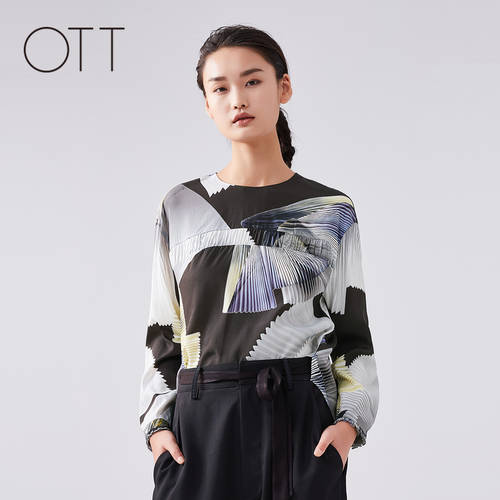 OTT 오리지널 라이트럭셔리 여성복  봄 가을 상품 신제품 차콜 그레이 테마 프린팅 라운드 넥 긴소매 상의 여성용