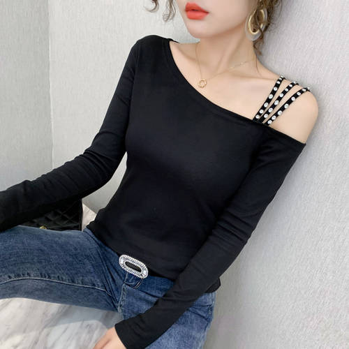 섹시한 블랙 끈이없는 긴 소매 긴팔 t 셔츠 여성 가을옷 한국판 슬림핏 계획 대각선 칼라 핫피스 쇄골 의 위에 바닥 셔츠