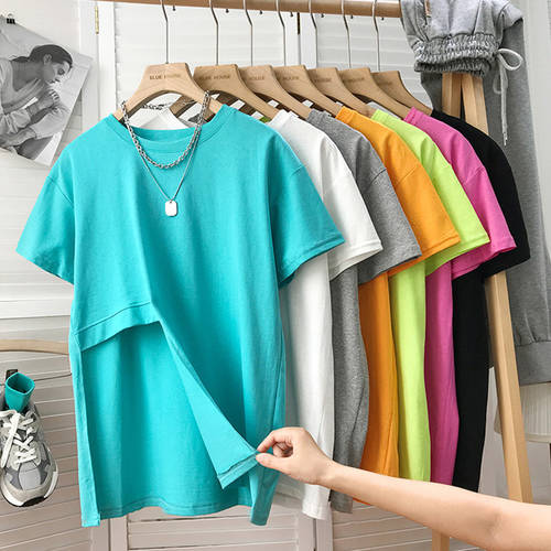 유니크 스타일리쉬한 디자인 XIAOZHONG 개성화 불규칙 절개 트임 반팔 새는 허리 큰 버전 티셔츠 T셔츠 여성용 여름철 루즈핏 뱃살 가리는 패션 트렌드 ins 상의
