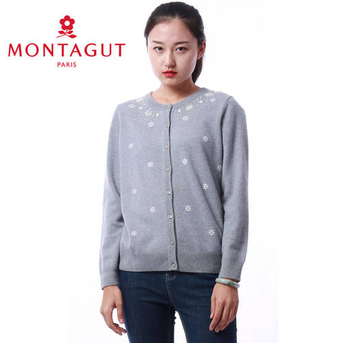 Montagut 신상 신형 신모델 캐시미어 스웨터 니트 오픈 셔츠 여성용 라운드 넥 단색 짧은 쇼트 스웨터 니트 따뜻한 보온성 아우터 외투 RM71503