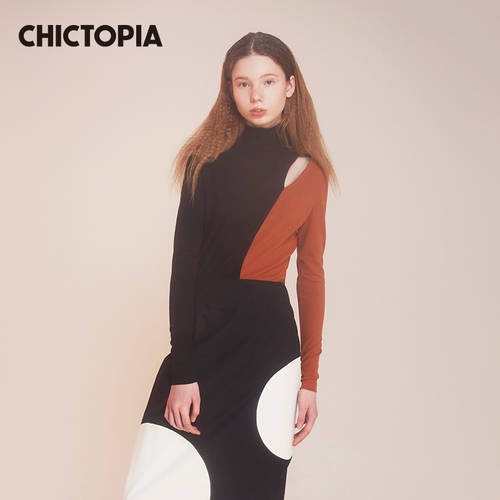 CHICTOPIA CHIC 리우 양 청 오리지널 디자인 가을 겨울 2색 조합 숄더 펀칭 긴소매 상의 티셔츠 T셔츠 여성용