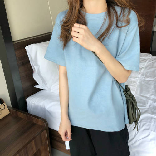 반팔 티셔츠 T셔츠 여성용  년 신상 써머 여름용 한국판 올매치 코디하기 쉬운 라운드 넥 단색 올매치 코디하기 쉬운 슬림핏 루즈핏 이너 패션 트렌드