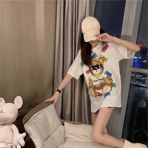 트렌디 유행 브랜드 OUZHOUZHAN 베어 화이트 반팔 t 셔츠 여성용 샤 쿠안 Matsuzaka 제품 상품 누락 된 셔츠 사라지다 상의 유럽 상품