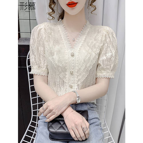 써머 여름용 시폰 셔츠 반팔  년 신상 여성 의류 레이스 블라우스 내의 얇은 상품 꽃무늬 상의 예쁜 t 셔츠