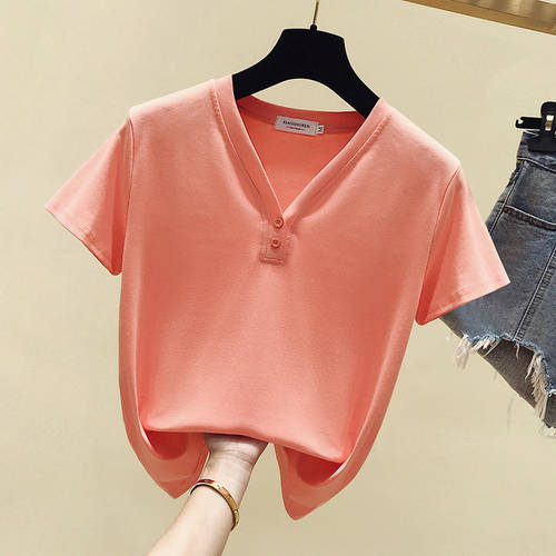 반팔 티셔츠 T셔츠 여성용 여름철  신상 한국 스타일 패션 트렌드 짧은 쇼트 슬림핏 슬림핏 V 칼라 요즘핫템 셀럽 올매치 코디하기 쉬운 이너웨어 상의