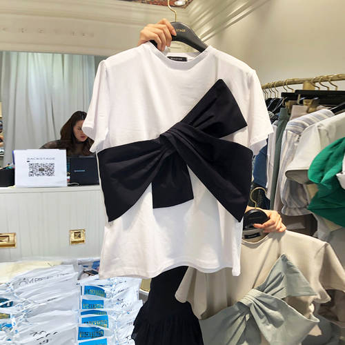 한국 동대문 리본 조합 반팔 티셔츠 T셔츠 여성용  써머 여름용 신상 신형 신모델 루즈핏 슬림핏 맨투맨 상의 패션 트렌드