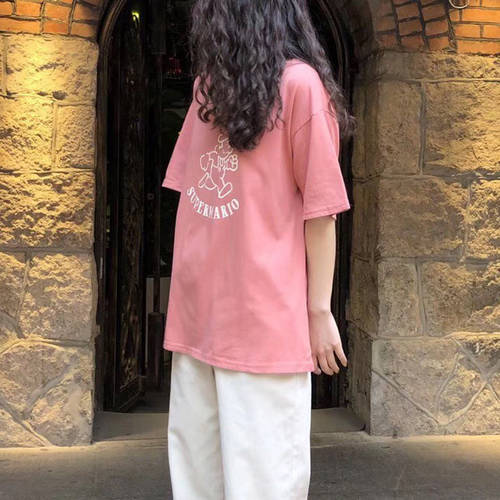 BAISIDUO 순면 부드러운 핑크 컬러 t 셔츠 여성용 반팔 복숭아 가루 상의 미디 플레어 마리오 프린팅 이너