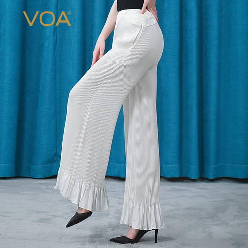 VOA 실크 회절무늬 자카드 패턴 아이보리 자연스러운 벨트 충돌 조합 입체형 주름 오간자 창작 아트 와이드 팬츠
