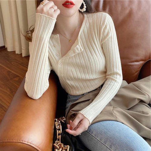 스웨터 여성 위에 걸쳐 입는 올매치 코디하기 쉬운 긴소매 상의 한국판 부드러운 캐주얼 브이넥 V넥 베이스 니트 슬림 t 셔츠