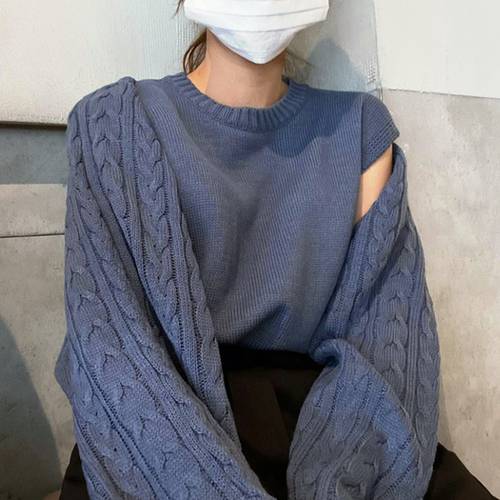 한국 chic 라운드 넥 루즈핏 이너 조끼 니트 편직 상의 가을 + 꽈배기 패턴 길이 소매 니트 편직 가디건 스웨터 여성