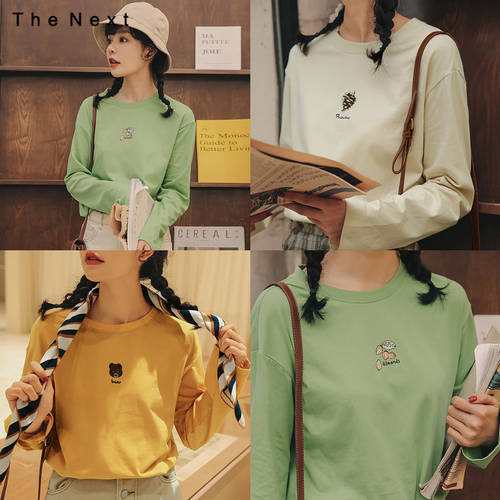 디자인 라운드 넥 t 셔츠  봄 신상 여성 한국인 폭 긴 소나무 소매 바닥 단색 올매치 코디하기 쉬운 외국 가스 탑