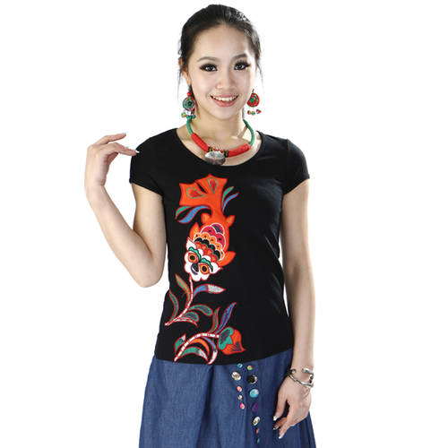 여덟 제로 그리드 여름옷 신상 신형 신모델 중국 클래식 민족풍 패치 자수 생선 머리 자수 티셔츠 T셔츠 여성용