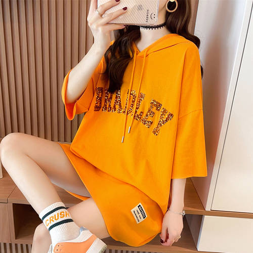 누락 된 셔츠 ins 반팔 t 셔츠 스커트 여성 여름 한국판 너비 Matsuzaka 무게 작업 글리터 후드 상의 티셔츠 패션 트렌드