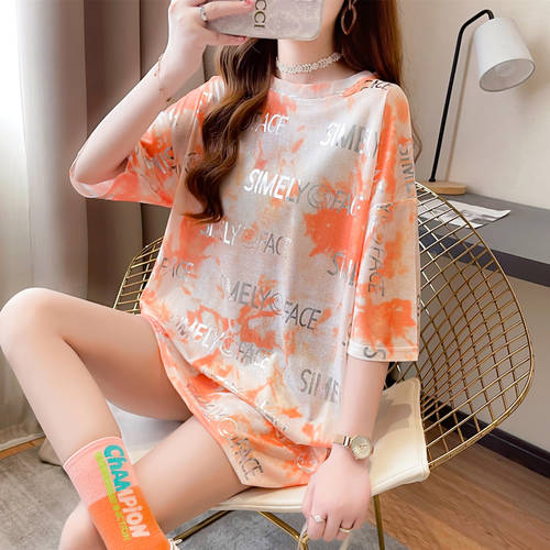 유니크 스타일리쉬한 디자인 XIAOZHONG 개성화 반팔 t 셔츠 여성용 여름  한국판 너비 Matsuzaka 제품 상품 타이다이 염색 글리터 얇은 상품 상의 티셔츠
