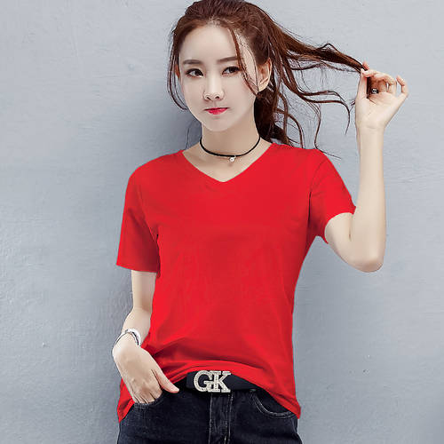 만나다 브이넥 V넥 진홍색 t 셔츠 여성용 루즈핏 한국풍 순면 티셔츠 여름옷  신상 신형 신모델 상의 반팔