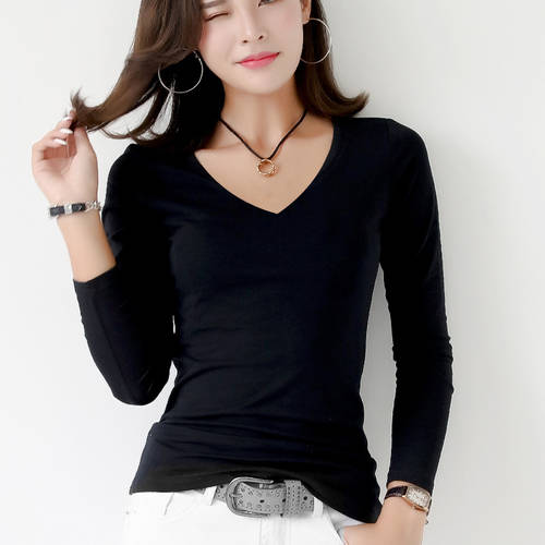 면 V 칼라 t 셔츠 여성용 롱 소매 바닥 Shanqiu 겨울 슬림핏 화이트 심플 한국인 버전이 얇다 상의 슬림 티셔츠 셔츠