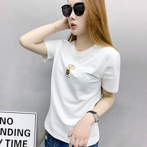 OUZHOUZHAN 화이트 t 셔츠 여성용  여름 신상 유럽 상품 반팔 상의 루즈핏 단색 프린팅 몸 셔츠베이스 셔츠