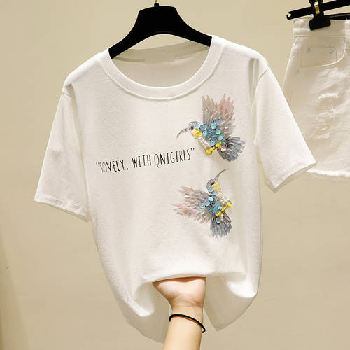 봄 여름 신상 한국인 폭 마쓰바 흰색으로 만들기 컬러 티셔츠 T셔츠 여성용 반팔 상의 ins 패션 트렌드 글리터 니트 편직 티셔츠