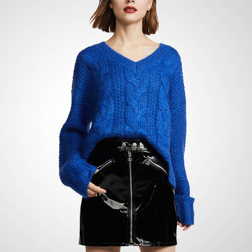 블루 루즈핏 대형 바닥 패션 트렌드 스웨터 니트  가을 신상 여성 긴 소매 긴팔 V 칼라 맨투맨 니트