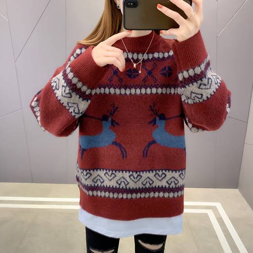  가을 겨울 신상 신형 신모델 크리스마스 사슴 자카드 패턴 덧붙여 대는 세공 스웨터 여성 루즈핏 위에 걸쳐 입는 이너 레이어드 레이어링 니트
