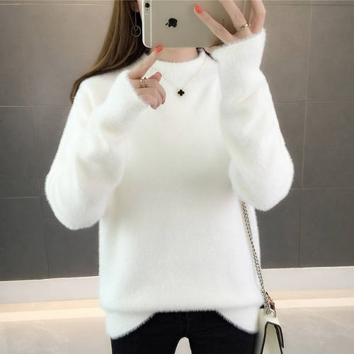  신상 신형 신모델 가을 겨울 반폴라 하프넥 페이크 밍크 캐시 루즈핏 베이스 파열 편물 셔츠 플러스 두꺼운 스웨터 여성 캐주얼